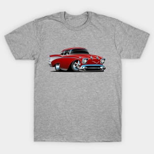 Classic hot rod 57 muscle car, low profile, big tires and rims, candy apple red cartoon T-Shirt